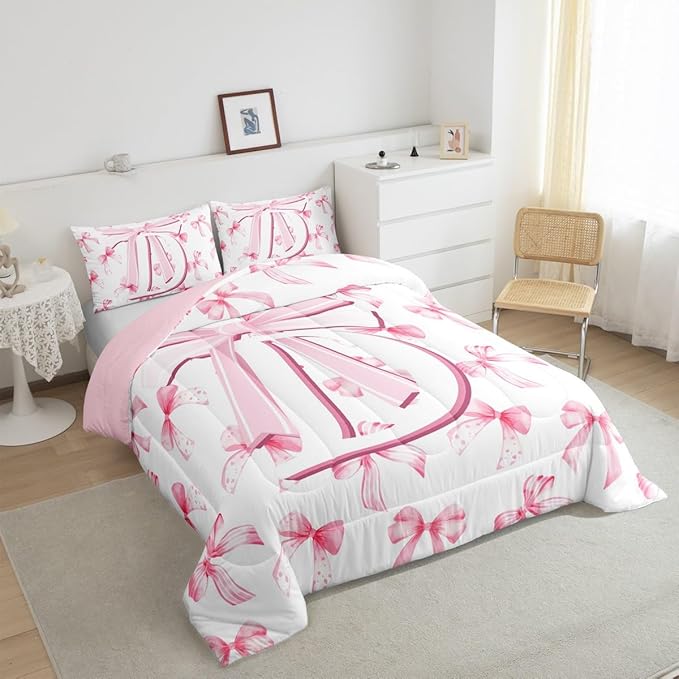 jejeloiu Kids Girls Cute Pink Bow Comforter Set Toddler Size Monogrammed Bedding Set Ultra Soft Personalized Initial D Duvet Quilt Coquette Bow Knot Quilt Set Room Decor Modern Fashion Comforter