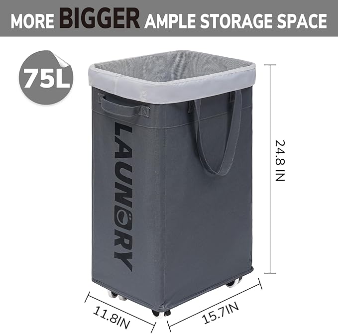 Goodpick Hamper with Wheels, 2-Pack 75L Foldable Laundry Baskets with Removable Wash Bags, Dirty Laundry Basket for Corner Dorm,Grey