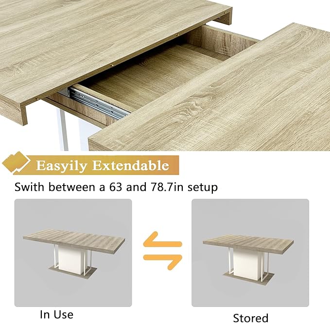 Goujxcy 78.7" Farmhouse Extendable Dining Room Table Set for 4, 5-Piece Rectangle Kitchen Dining Room Table Set with Wood Base and 4 Grey Velvet Dining Chairs, Extending Kitchen & Dining Table Set