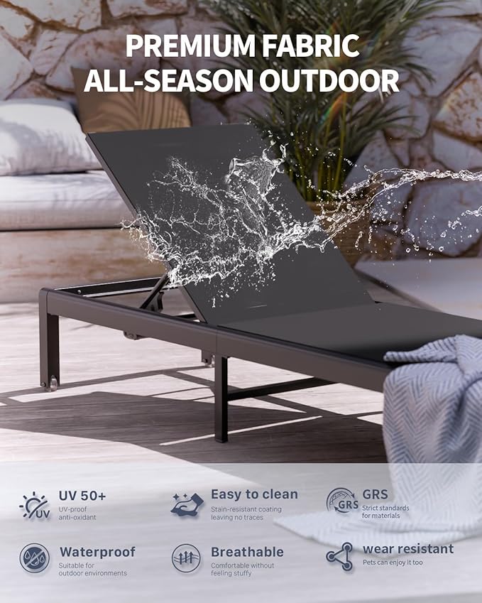 Aluminum Lounge Chairs Outdoor Chaise Furniture,2 Sets Patio Metal Deck Lounger Adjustable 5-Position Poolside Chase Recliner with Wheels for Beach,Coffee Table, (Black, 1 Chair)