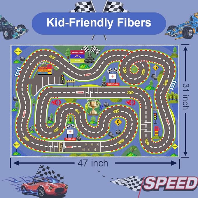 Kids Rug, Race Track Playmat Rugs 47×31 in Kids Carpet with Rubber Backing, Start and Finish line Racing Track Marking Car Road Race 3D Play Mat Nursery Rugs for Children Bedroom Playroom