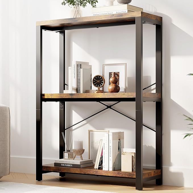 3-Tier Adjustable Heavy Duty Bookshelf, Industrial Wooden Open Storage Rack with Black Metal Frame, Vintage Bookcase with Lock Wall Design, Rustic Brown