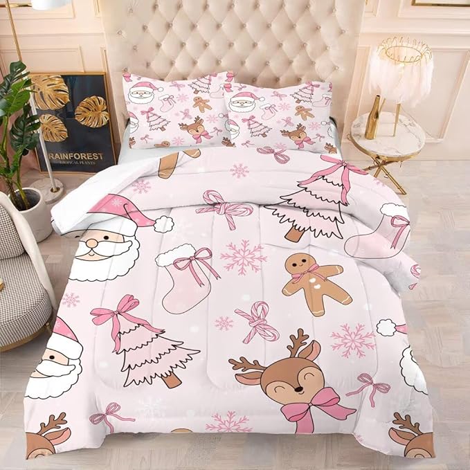 Light-Pink Christmas Comforter Set Twin for Girls, Cute Santa Claus Christmas Tree and Reindeer Printed Bedding Set, Cartoon Xmas Bed Set with 1 Comforter and 1 Pillowcase