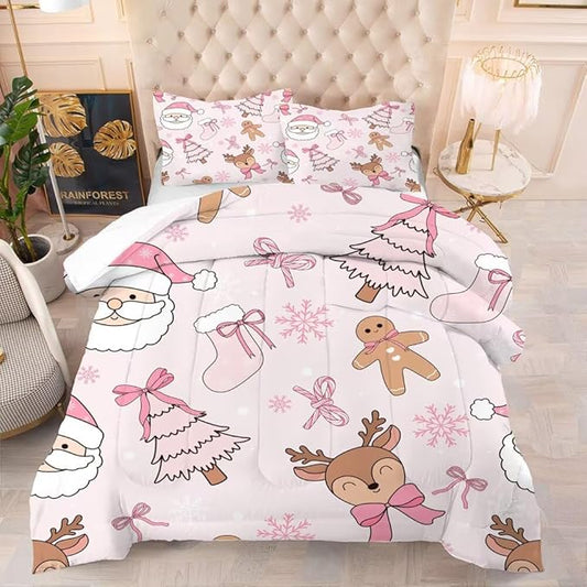 Light-Pink Christmas Comforter Set Twin for Girls, Cute Santa Claus Christmas Tree and Reindeer Printed Bedding Set, Cartoon Xmas Bed Set with 1 Comforter and 1 Pillowcase