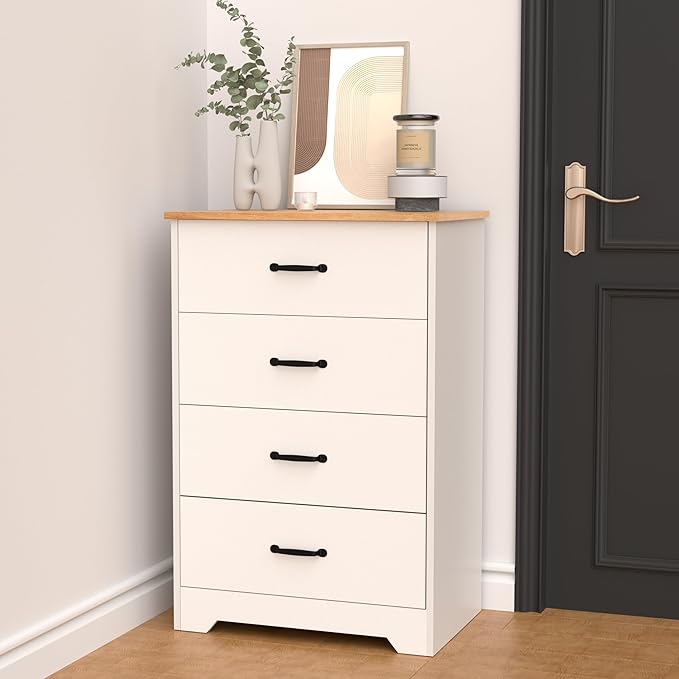 Farmhouse 4 Drawer Dresser, Small Wooden Chest of Drawers Classic White Dresser for Bedroom Living Room Entryway (White, 4 Drawer)