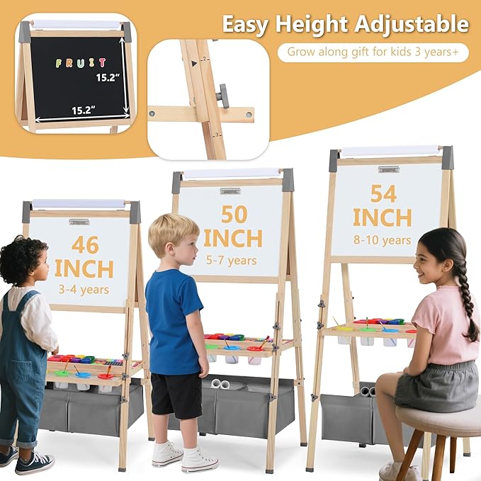 Kinder King 3 in 1 Wooden Kids Easel, Adjustable Double-Sided Art Easel for Kids, Magnetic Whiteboard & Chalkboard, Paper Roller, Art Supplies, Painting Drawing Easel Toddler Gift Ages 3+, Grey