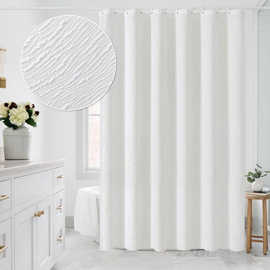 MitoVilla Extra Long Shower Curtain 72 x 84, Farmhouse Fabric White XL Shower Curtains for Bathroom Decor, Modern Luxury Cloth Shower Curtain, 3D Marble Textured