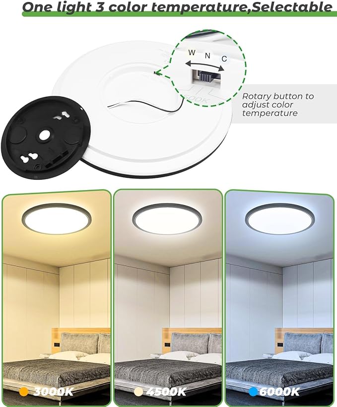 zemty Black LED Flush Mount Ceiling Light - 12 Inch 28W 3200lm LED Light Fixture, 3000k/4500k/6000K Selectable Round Flat Light Fixtures for Bedroom, Kitchen, Hallway