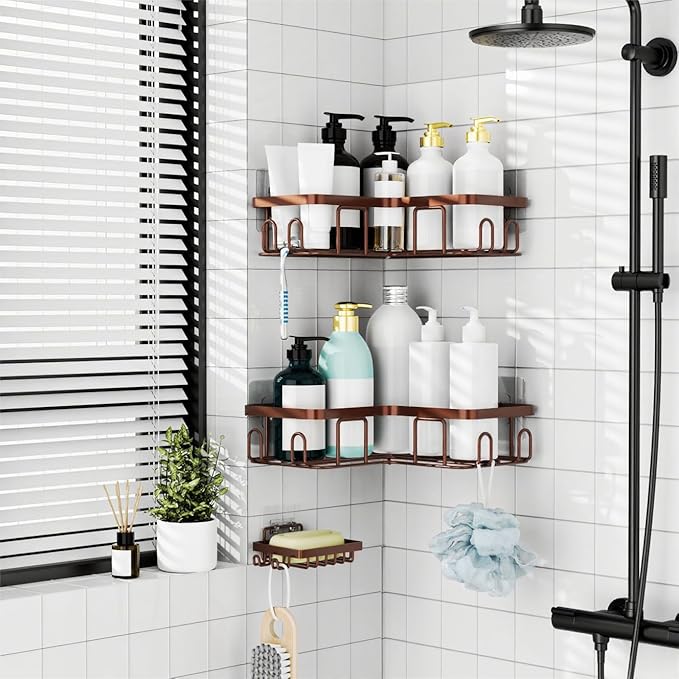 Moforoco Adhesive Corner Shower Caddy, 3 Pack Organizer with Soap Holder and 12 Hooks, Rustproof Shower Shelves for Bathroom, Brown