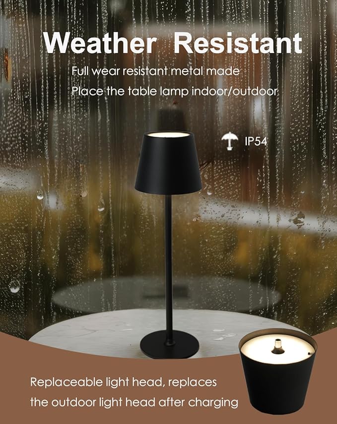 Cordless Table Lamp, Rechargeable Table Lamp with Touch Dimmable Control, Portable LED Desk Lamp for Indoor Patio (Black-Round, 1)