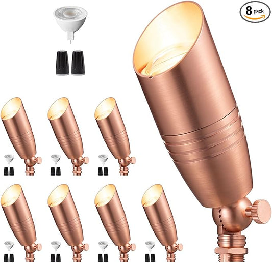 Spot Light Brass - Outdoor Landscape Spotlights LED, 12V Low Voltage Landscaping Uplights, Hard-Wired All Weather Copper for Backyard Lawn with Warm White Changeable Bulbs (8 Pack)