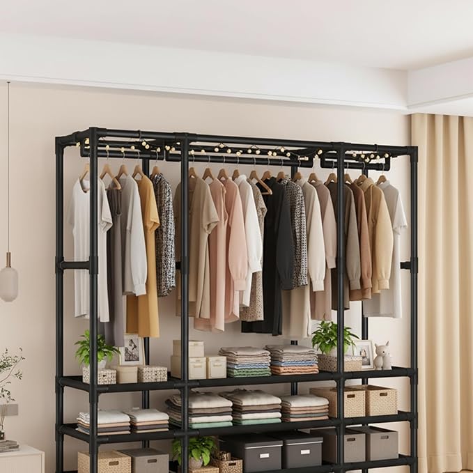 Portable Closet,Portable Closets for Hanging Clothes,Japanese Style Garment Rack with 1 Hanging Rods,2 Storage Shelves,27.5" L x 17.7" W x 65.1" H,Black
