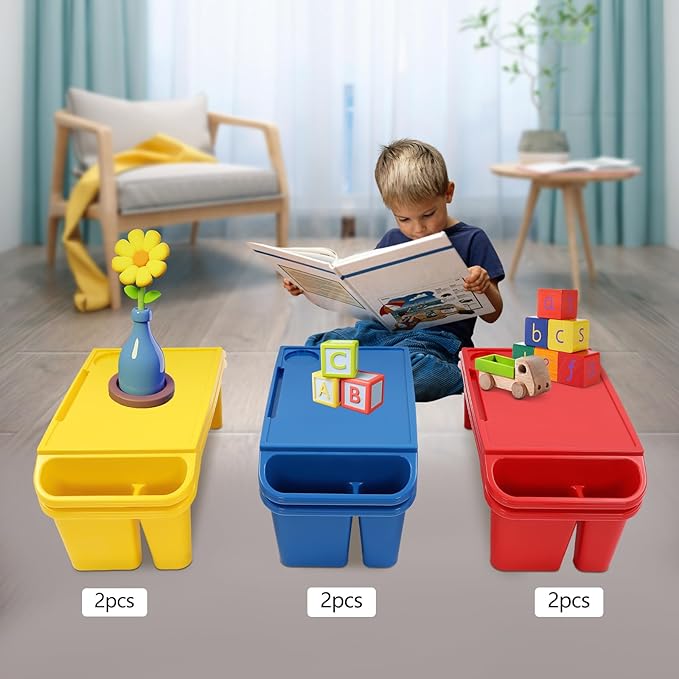 Set of 6 Kids Lap Desk Tray, Portable Activity Table, Plastic, Stackable for Drawing, Writing, Eating, Classroom, 19.69" L x 9.84" W x 7.09" H (Red, Blue, Yellow)