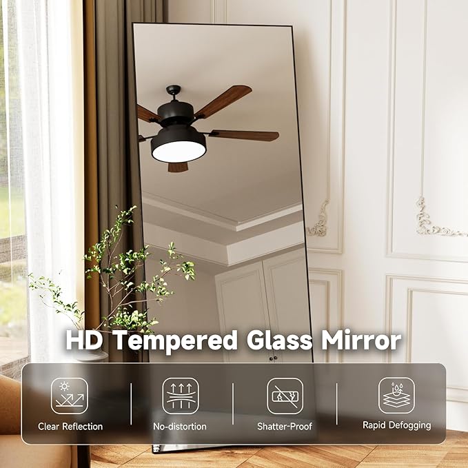 56"x15" Full Length Mirror, Black Tempered Glass Rectangle Floor Standing Mirrors,Wall Mounted Hanging Aluminum Alloy Frame Bedroom Floor