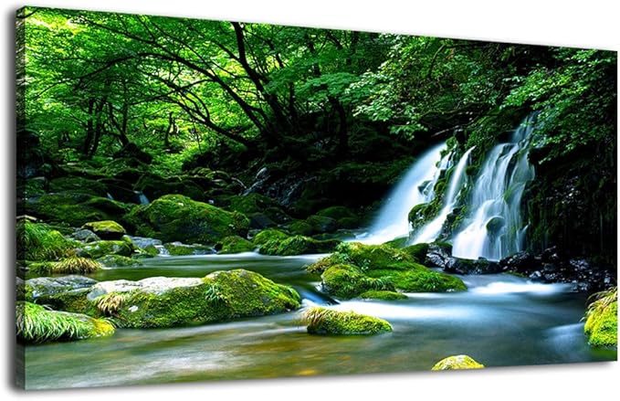 Waterfall Wall Art Large Living Room Decorations Landscape Canvas Art Nature Pictures Artwork Contemporary Wall Decor Green Trees Rivers Spring Tropic Forest for Kitchen Office Home Ready to Hang 20" x 40"