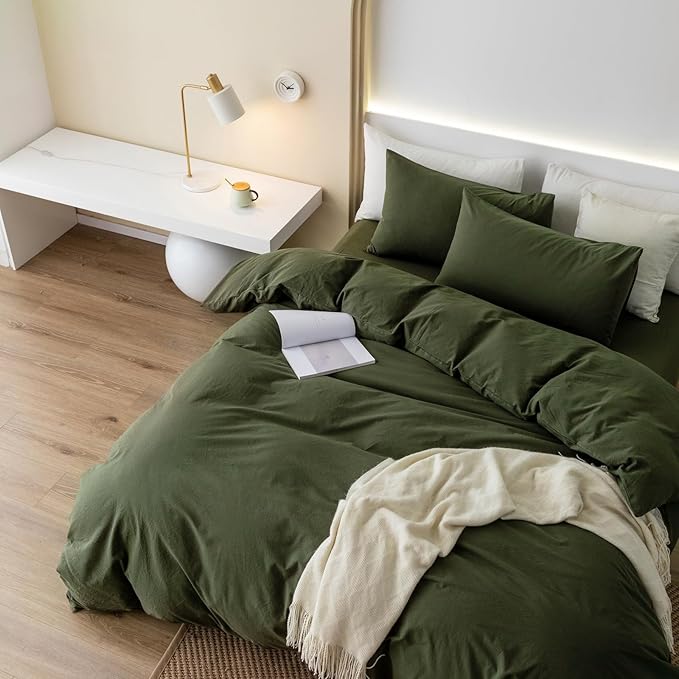 JIYUAN 100% Washed Cotton Duvet Cover Set 3 Pieces Super Queen, 1 Duvet Cover 90x98 Inches(Comforter Not Included) and 2 Pillowcases,Linen Feel Bedding Set Comfy and Breathable,Olive Green