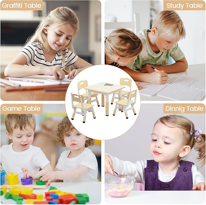 GAOMON Kids Table and 4 Chairs Set with Graffiti Desktop, Height Adjustable Toddler Table and Chairs Set for Reading, Drawing, Playing, Eating