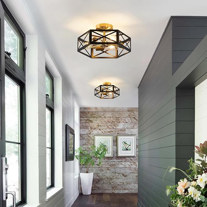 Modern Flush Mount Ceiling Light, 3-Light Black Gold Hallway Light Fixtures Ceiling Mount, Industrial Close to Ceiling Light with Metal Hexagon Cage Ceiling Lamp for Kitchen, Bedroom, Bathroom