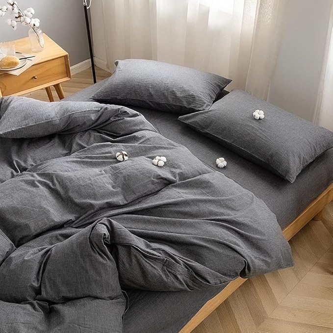 FACE TWO FACE Bedding Duvet Cover Set100% Washed Cotton Duvet Cover Linen Like Textured Breathable Durable Soft Comfy (Twin,Dark Gray)