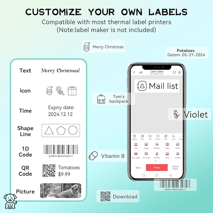 D30 P15 HP4 Label Maker Tape Refills, Non-encrypted Replacement Labels, High Definition Thermal Label Tape for Home/Office/School,12x40mm(0.47x1.57 in)1650 Labels/10Rolls, 5 Rolls Clear, 5 Rolls White