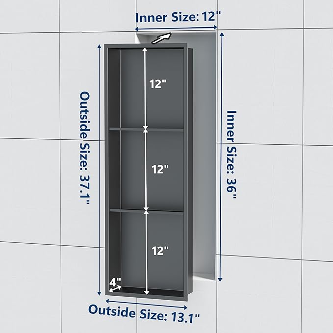Stainless Steel Shower Niche 12" X 36", Three-Tier Shelf for Bathroom Storage, No Tile Needed Recessed Wall Niche, Gun Metal