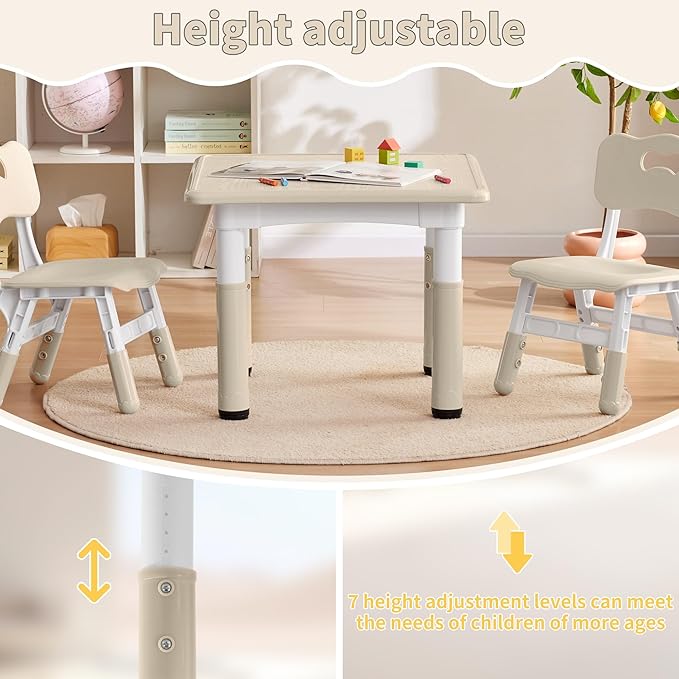 Adjustable Kids Table, Arts and Crafts Child Table with Graffiti Desktop, 7 Level Height Adjustable Children Table for Ages 3-8, Easy to Wipe Toddler Desk for Classrooms/Daycares/Homes