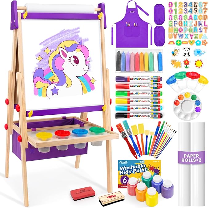 Easel for Kids, Adjustable Standing Art Easel with Magnetic Chalkboard & Whiteboard, Dry-Erase Board, Paper Roll, Drawing & Painting Easel for Kids Ages 3 4-8 9-12, Purple w/Bag