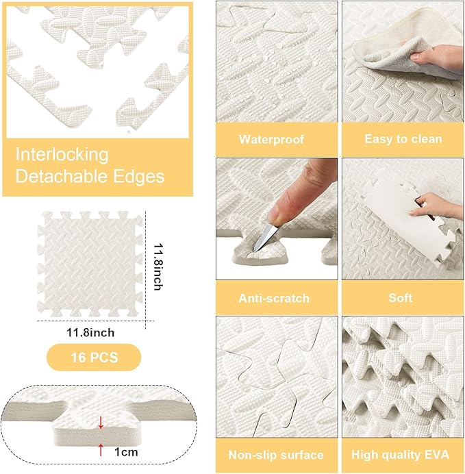 Shihanee 16 Pcs Foam Floor Baby Tiles 11.81 x 11.81 inches Foam Floor Mats Play Mats Bulk with Borders Interlocking for Kids Baby Playroom Nursery Gym（White）