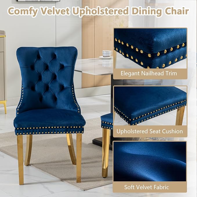 Goujxcy 5 Piece Round Glass Dining Table Set for 4, 36" Round Dining Table & Chair Set Modern Circle Glass Kitchen Table and 4 Velvet Upholstered Chairs for Kitchen Dining (Gold Table & Blue Chair)