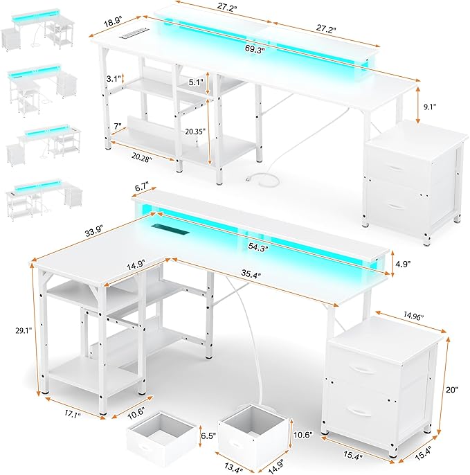 67'' L Shaped Computer Desk with Power Outlet, Large Reversible Computer Gaming Desk, Home Office Desks with File Drawers & Shelves, All White