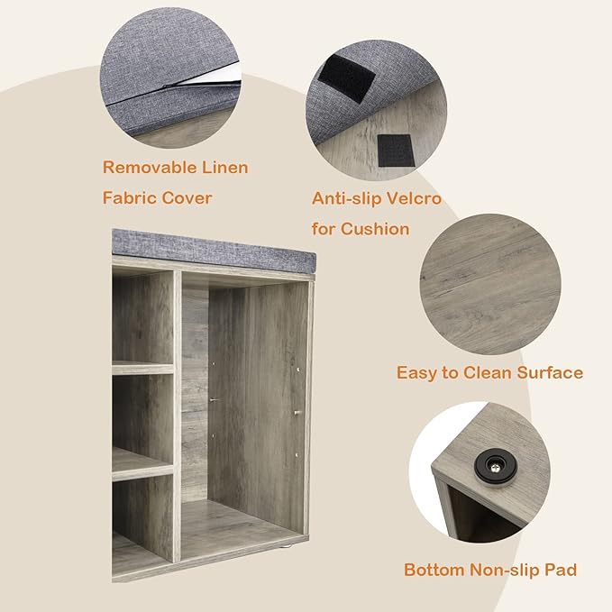 DINZI LVJ Shoe Bench, 9 Cubbies Shoe Organizer for Entryway, Storage Bench with Cushion, Cubby Shoe Rack with Adjustable Shelves for Living Room, Bedroom, Mudroom, Hallway, Gray Wash