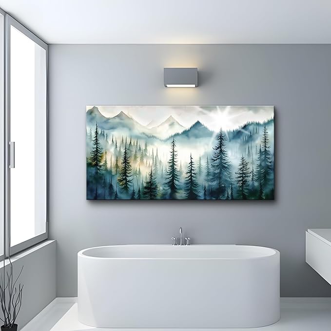 Lapremoly Framed Wall Art - Modern Fog Forest Landscape Canvas Prints for Living Room, Bedroom, Office - Ready to Hang - Blue Abstract Wall Decor