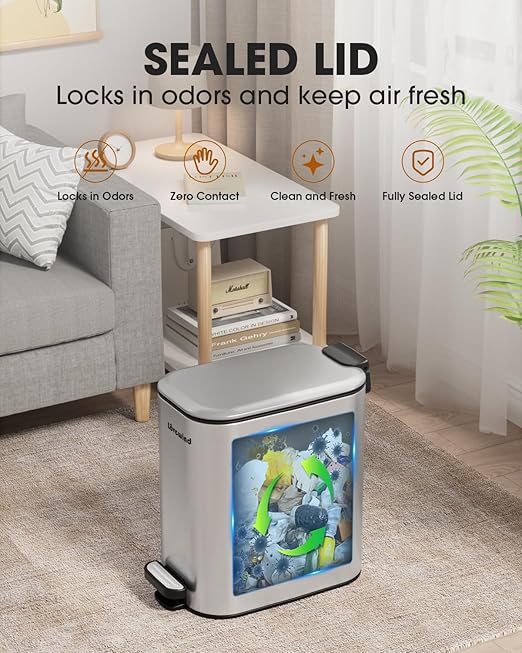 LOVEWIND Bathroom Trash Can with Lid, 1.6 Gallon/ 6 Liter Stainless Steel Garbage Can with Removable Inner Bucket, Step Pedal Wastebasket-Narrow Waste Bin for Bathroom, Toilet, Office, Bedroom, Silver