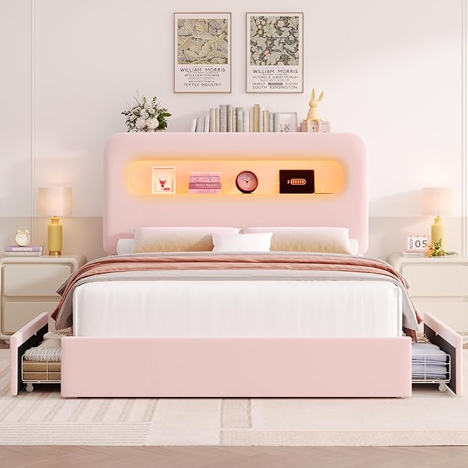 HOSTACK Queen LED Bed Frame with Storage Headboard and Charging Station, Girls Bed Frame with 4 Drawers and USB Ports, Velvet Upholstered Platform Bed Frame with Bookcase, No Box Spring Needed, Pink
