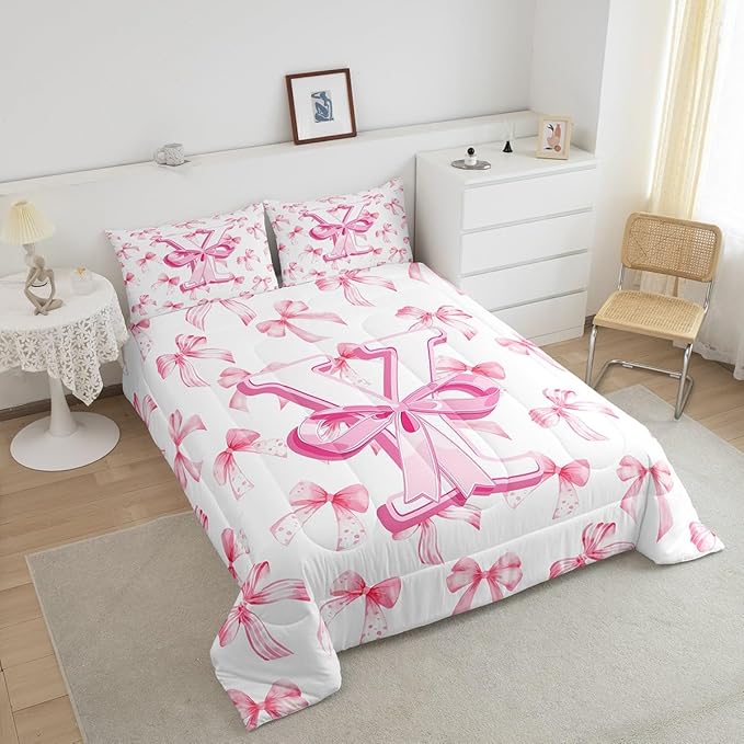 jejeloiu Kids Girls Cute Pink Bow Comforter Set Full Size Monogrammed Bedding Set Ultra Soft Personalized Initial Y Duvet Quilt Coquette Bow Knot Quilt Set Room Decor Modern Fashion Comforter