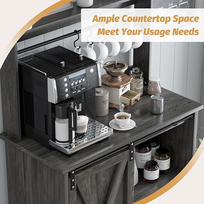 4ever2buy Farmhouse Coffee Bar Cabinet with Storage, Grey Coffee Bar with 6 Hooks, Buffet Table with Sliding Barn Door, Wine Bar Cabinet with Adjustable Shelf for Living Dining Roome