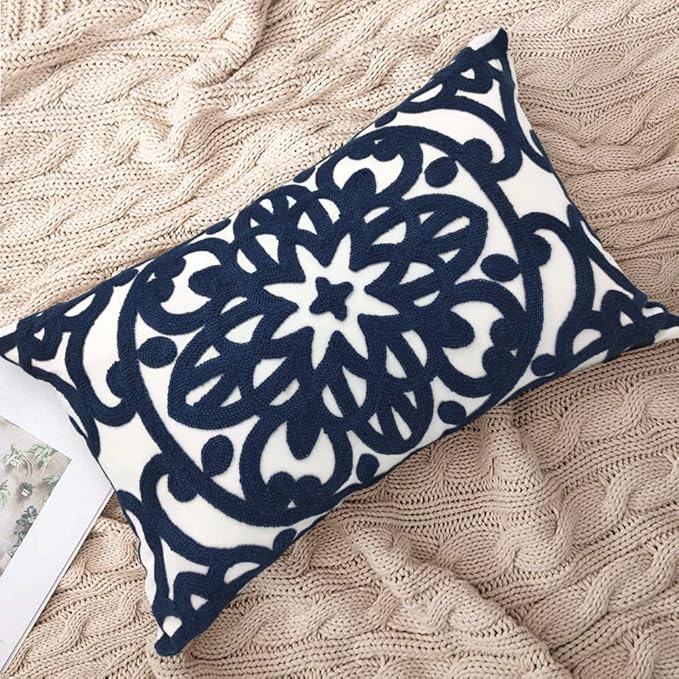 Alysheer Embroidered Lumbar Decorative Throw Pillow Covers 12"x 20" Set of 2, Classic Boho Mandala Embroidery Pattern Cotton Rectangular Cushion Case for Sofa Couch Living Room Bedroom(Navy Blue)