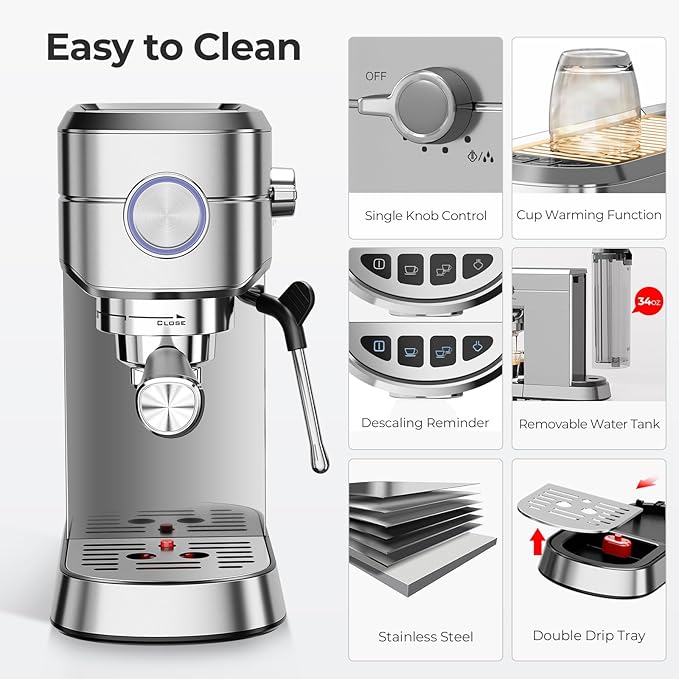 20 Bar Espresso Machine with Milk Frother, Compact Espresso Coffee Maker with Cup Warmer, Self-Cleaning, Auto Shut-Off, 34oz Removable Water Tank for Latte/Cappuccino/Americano, Stainless Steel