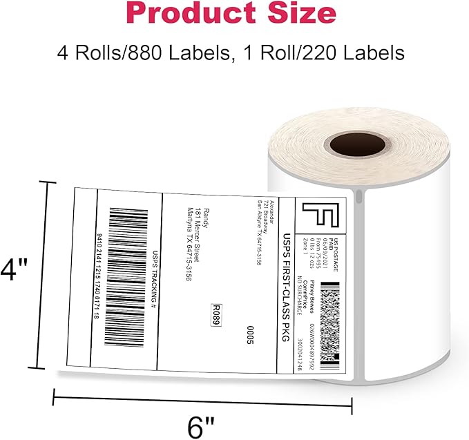 4" x 6" Thermal Shipping Labels, 880 Labels (4 Rolls), Compatible with Dymo LabelWriter 4XL, Water & Grease Resistant, BPA Free