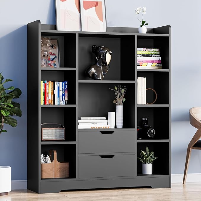 Cozy Castle Kids Bookshelf with Storage, Toy Storage Organizer with 2 Drawers and 10 Cubes 4-Tier Bookcase for Bedroom, Playroom, Hallway, Living Room(Black)
