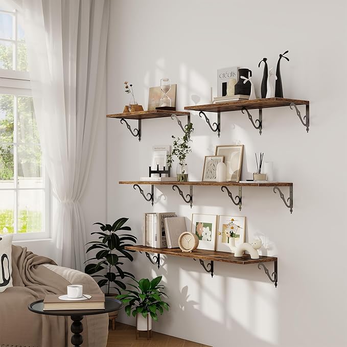 Deep Floating Shelves, 31" W x 12" D Wall Shelves Set of 2, Wide Display Shelf Wall Mounted with Brackets, Bookshelf for Living Room, Bathroom, Bedroom, Rustic Brown