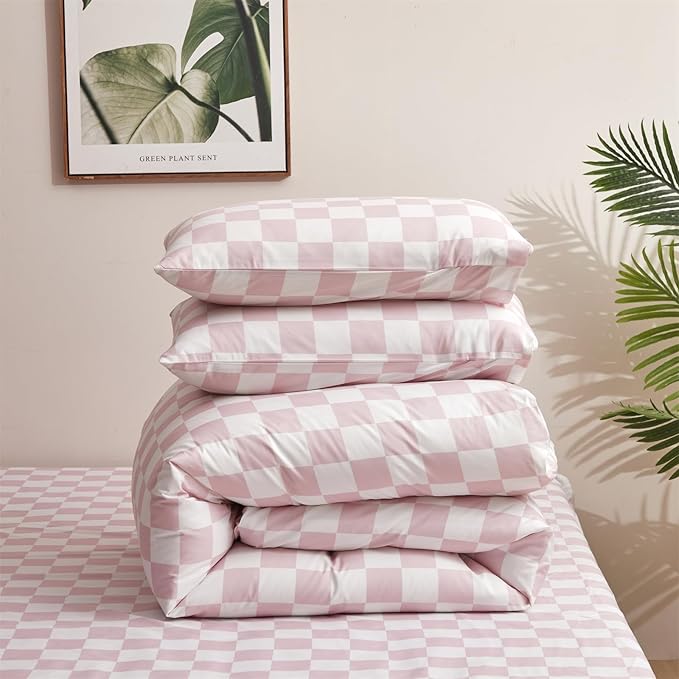 Pink and White Checkered Comforter Set Queen Comforter Set 3 Piece Bedding Set with Lightweight Comforter and 2 Pillowcases Soft Microfiber All-Season