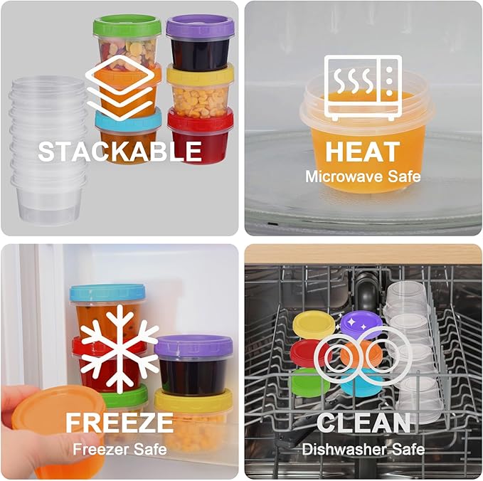 4 oz Small Plastic Containers with Lids, 6 Pack Stackable Small Freezer Containers, Reusable 1/2 Cup Food Containers for Snack Puree Fruit, with Pen and Brush, Microwave & Dishwasher Safe