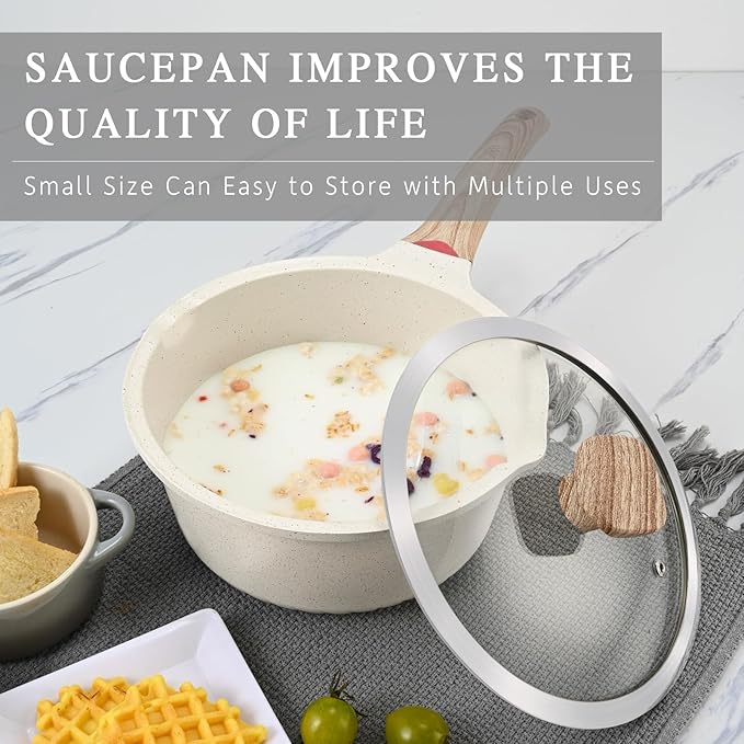 VINCHEF Nonstick Saucepan with Lid, 3QT Sauce Pan with Stay Cool Handle, Non Stick Small Cooking Pots Induction pot, Dishwasher Safe, Compatible for All Stove Top, PFAS and PFOA Free White