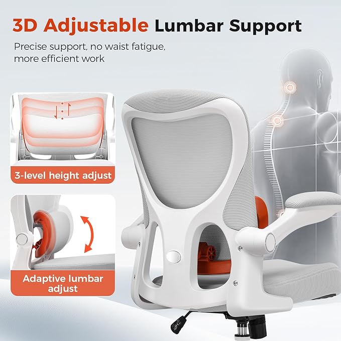 GTRACING Office Chair Ergonomic Desk Chair with 3D Adaptive Lumbar Support, High Back Home Mesh Chair with Flip-Up Arms, Swivel Rolling Computer Seating for Long Desk Work (Gray)