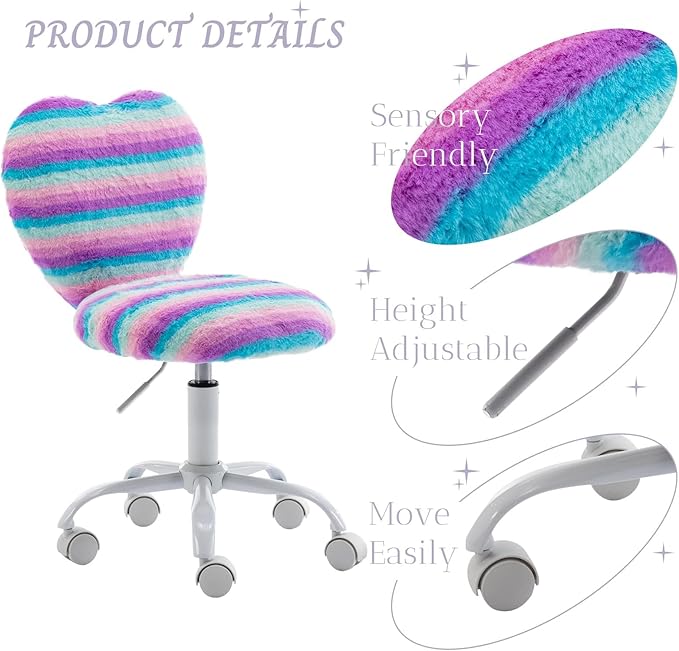 Cute Fuzzy Kids Chair for Teenage Girls - Rolling Study Desk with Adjustable Heart Shaped Reading Vanity for Bedroom, Rainbow
