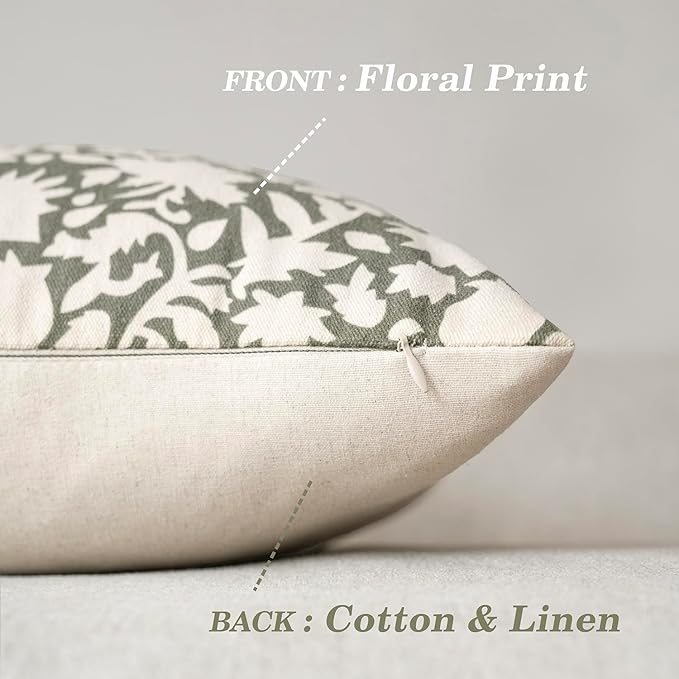 Foindtower Set of 2 Decorative Neutral Floral Throw Pillow Covers Accent Farmhouse Cushion Covers Boho Vintage Pillowcase for Couch Sofa Bedroom Living Room Home Decor Outdoor,20×20 Inch,Sage Green