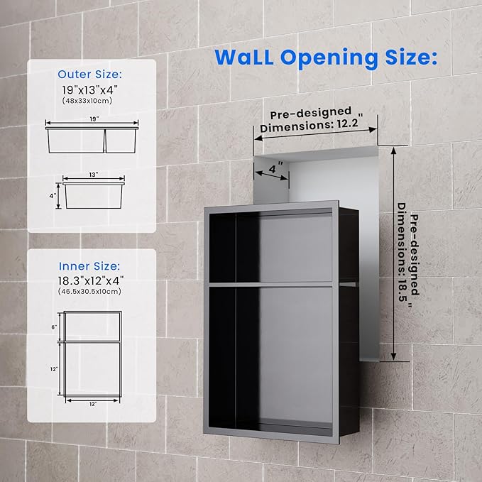 POPFLY 12"x18" Stainless Steel Shower Niche, Recessed Bathroom Storage with Double Shelves, No Tile Needed 2 Level Insert Corners Wall Niche for Shower Room, Dark Grey