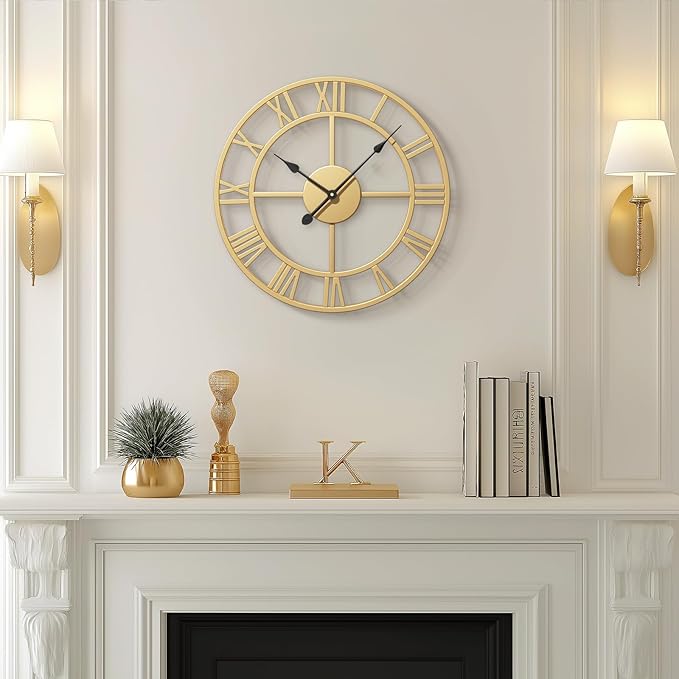 Gold Wall Clock 16 Inch Metal Decorative Clock for Living Room, Battery-Operated Completely Silent Non Ticking Round Modern Wall Clock -Roman Number