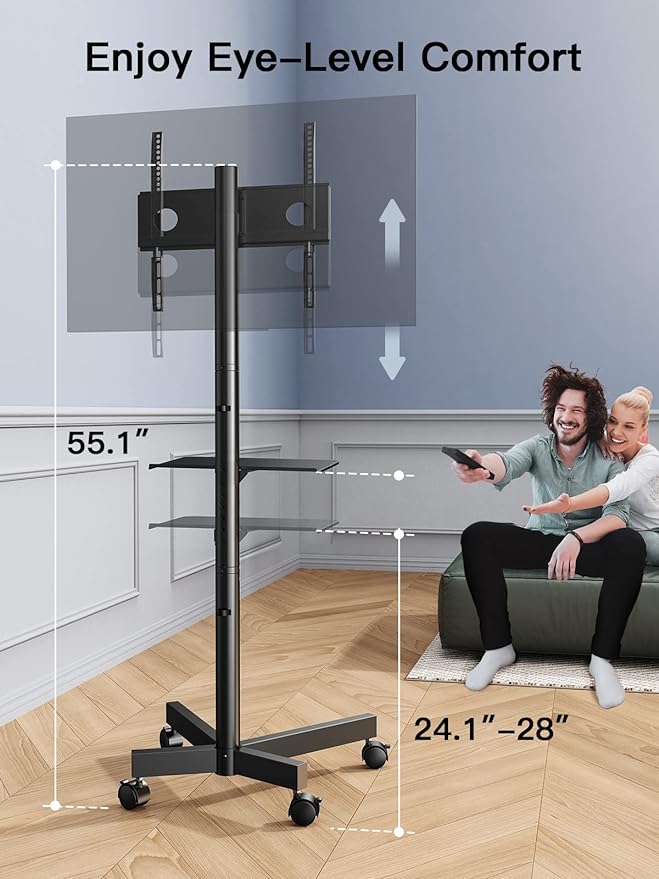 PERLESMITH Rolling TV Stand on Wheels for 23-60 Inch Flat Curved Screen TVs, Mobile TV Cart Height - Adjustable with Shelf/Tray, Portable TV Stand Holds up to 55 lbs, Max VESA 400x400mm, PSTVMC04